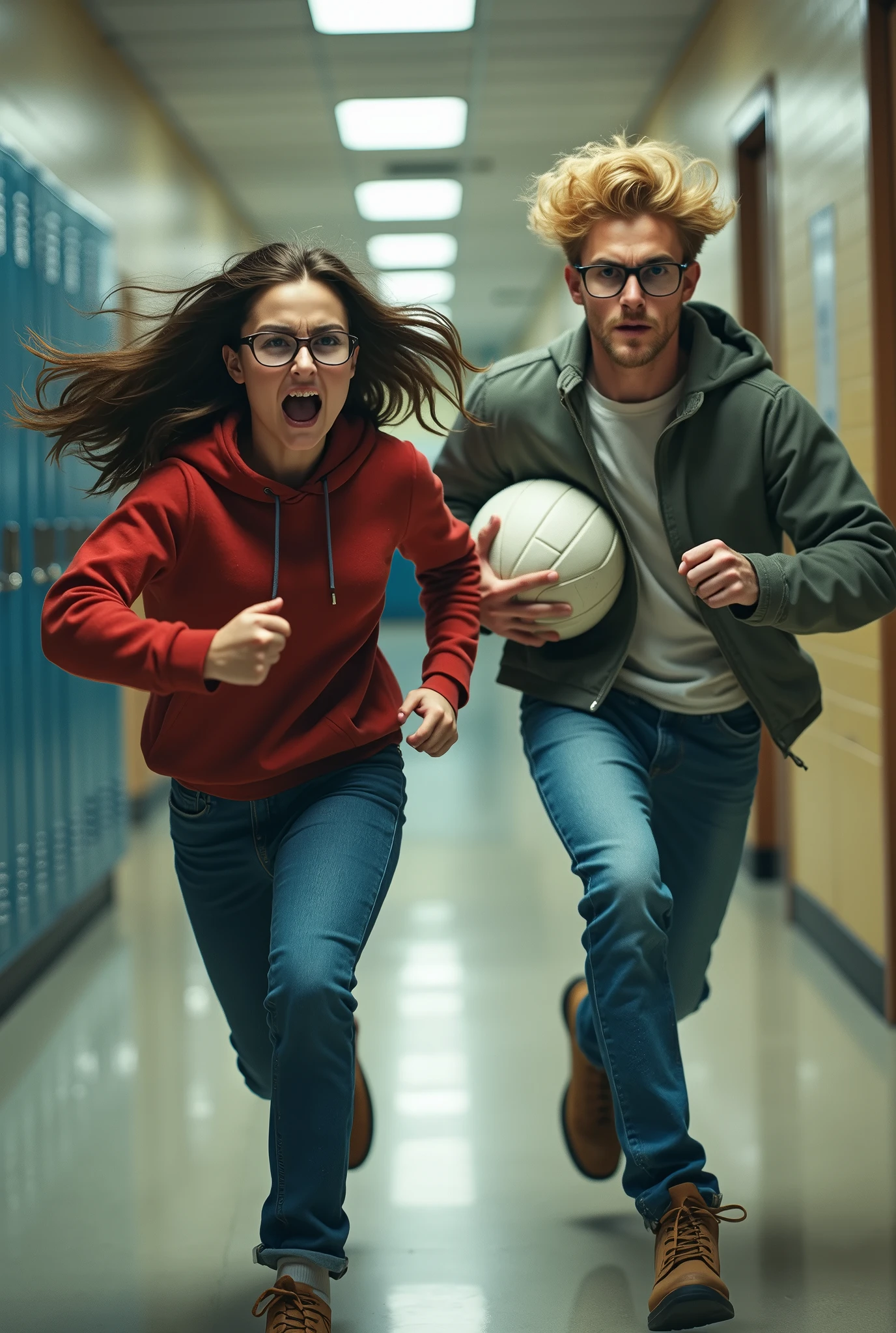 a school girl with long medium hair length with glasses and angry face on her face and chased a boy with blonde hair with 5'5 heights. a school boy with blonde hair and have glasses and 6'2 height and have a volleyball on his hands while running on the hallway a girl chasing him, 