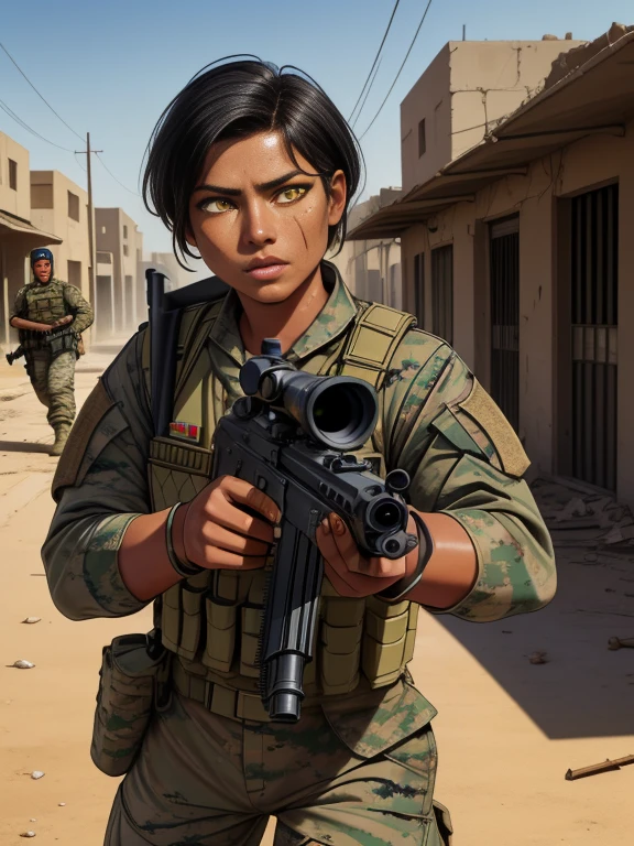 A breathtaking masterpiece that brings photorealism to life with exceptional attention to detail. (26 year old:1.3), (Mixed race Guatemalan-Navajo), (Short black hair:1.3), (Yellow colored eyes:1.4), (tanned bronze skin:1.4), (Wearing: USA marine corps uniform, camouflage military uniform, armor and gloves), fighting on the battlefield, strong muscles, face stained with mud and blood, sweaty skin, bloody skin, mud-stained skin, army girl, rifle, (aiming and holding rifle: 1.3), soldier girl, infantry girl, expression of determination, rigorous expression, shootout, (Background: Set during the 2003 invasion of Iraq, on the empty streets of an Iraqi village, warzone, ruined buildings, debris is the surroundings), highest quality, ultra-high resolution, absurdity, realistic, physically based rendering, cinematic lighting, complex and cinematic appearance, cinematic soft light, soothing tone, photorealistic, cowboy shot, dynamic angle
