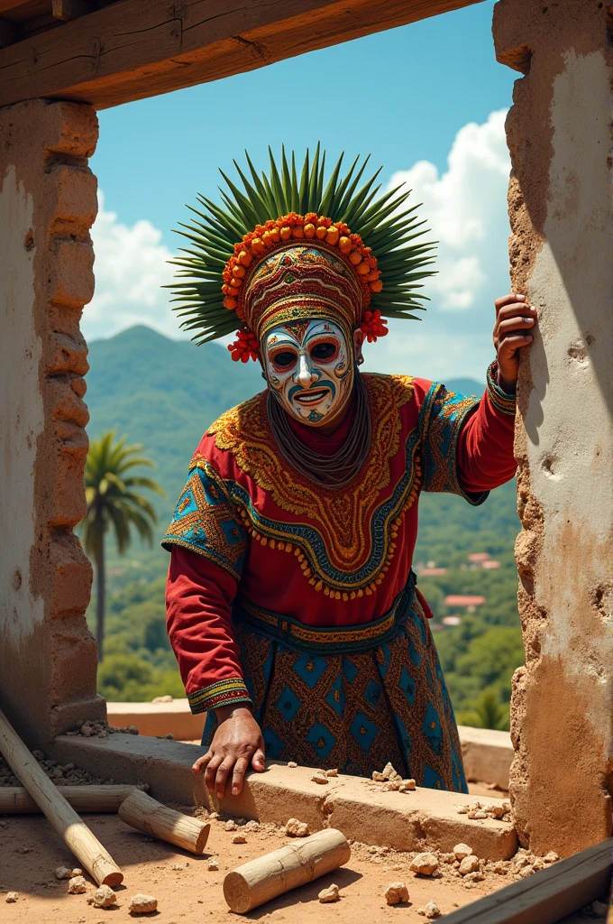 Person building a house dressed as CUNE from the traditional Oaxaca Putla festival