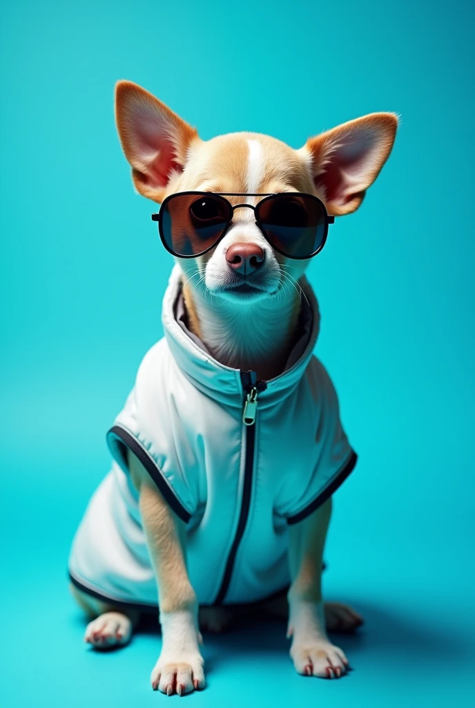 The best cell phone wallpaper, Award-Winning Wallpaper, portrait photography, In the front view is a portrait of a cute dog wearing mid-1960s space age fashion, Side view photo, Shot with Canon EOS R5, Set a strong contrast that accentuates the subject, Fluorescent blue tone, Wearing a very modern coat and sunglasses is a modern 1960s style, Clothes all in one color, beautiful background