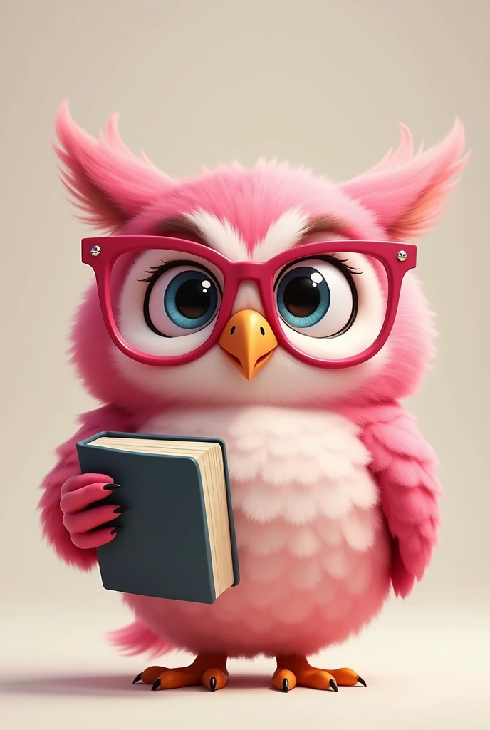 A pink Disney Pixar style owl that looks like a cartoon, with pink glasses, teacher style,intelligent, no pity goosebumps, with book png