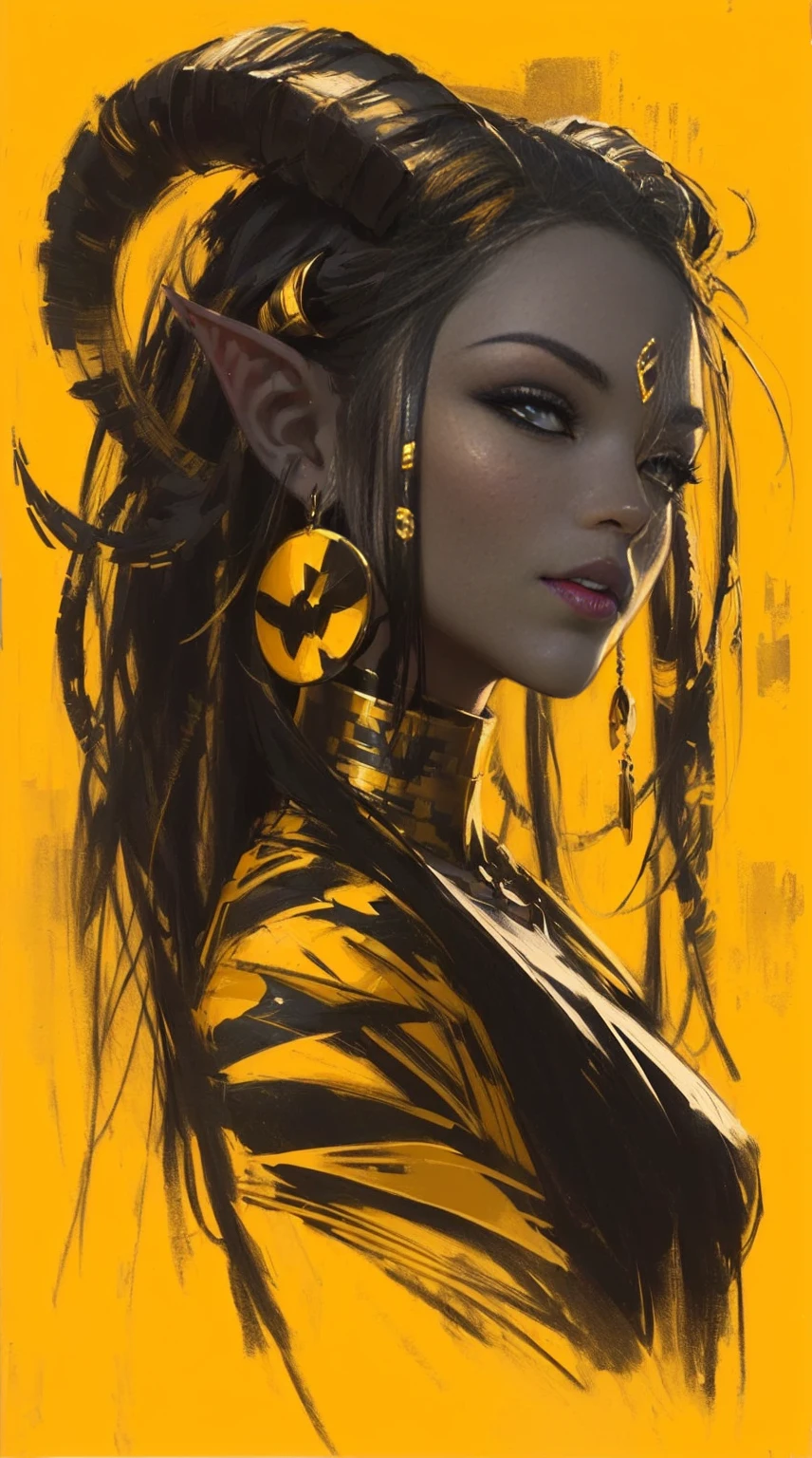 a drawing of a woman with horns and a yellow background, Ross Draws 1. 0, Ross Draws 2. 0, rossdraws | afrofuturism, beautiful character painting, retrato de rossdraws, :: rossdraws, Ross Draws 2. 5, inspirado em Rossdraws, portrait of an elf queen, vibrant rossdraws cartoon, artgerm e rossdraws