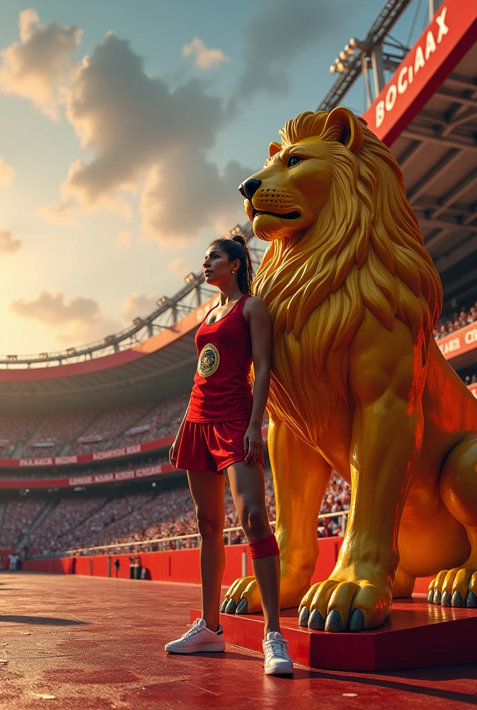 A striking photograph of the iconic GALATASARAY stadium, adorned with its distinctive vibrant yellow and red colours. The name "ARAZ DOGAN" stands out boldly on the stadium walls, adding a touch of personalization to the iconic structure. In the foreground, a strong, proud woman stands next to the huge LION statue, the symbol of GALATASARAY's fiery spirit. The exciting atmosphere of the image represents the pride and passion sports fans experience when supporting their teams.