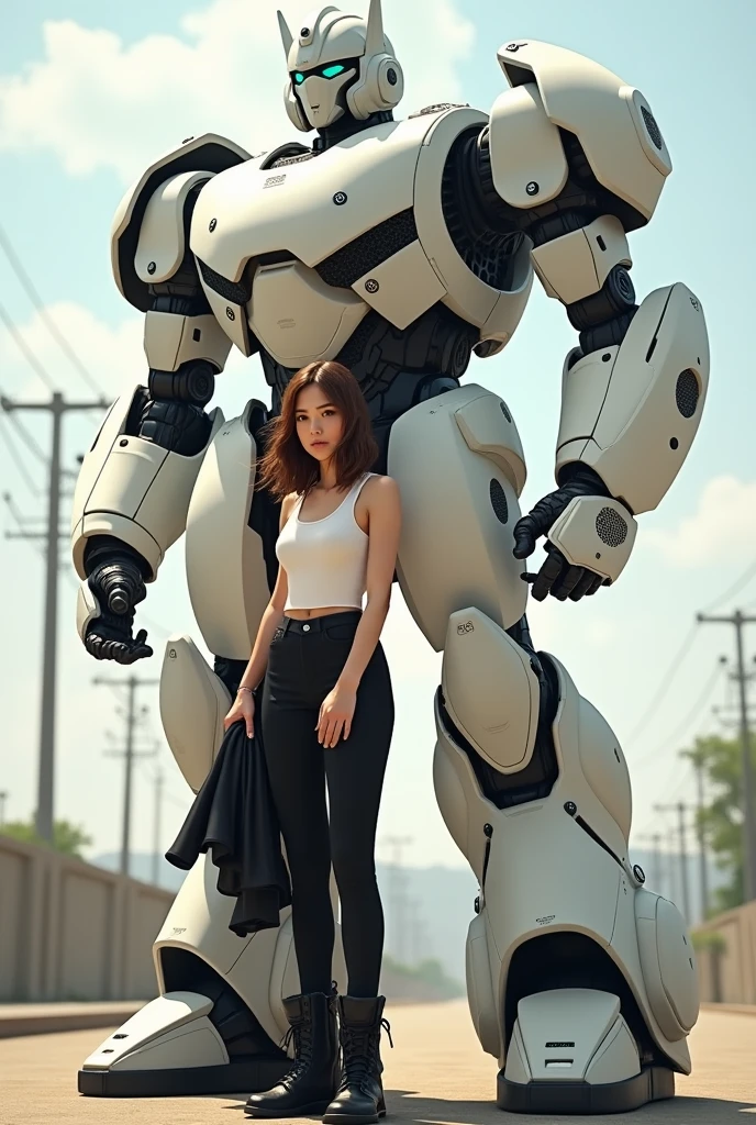 One with brown hair and brown eyes Wearing a white tank top with a coat in her hand Black pants with a black boot Next to her a white transformers robot A little bigger than her