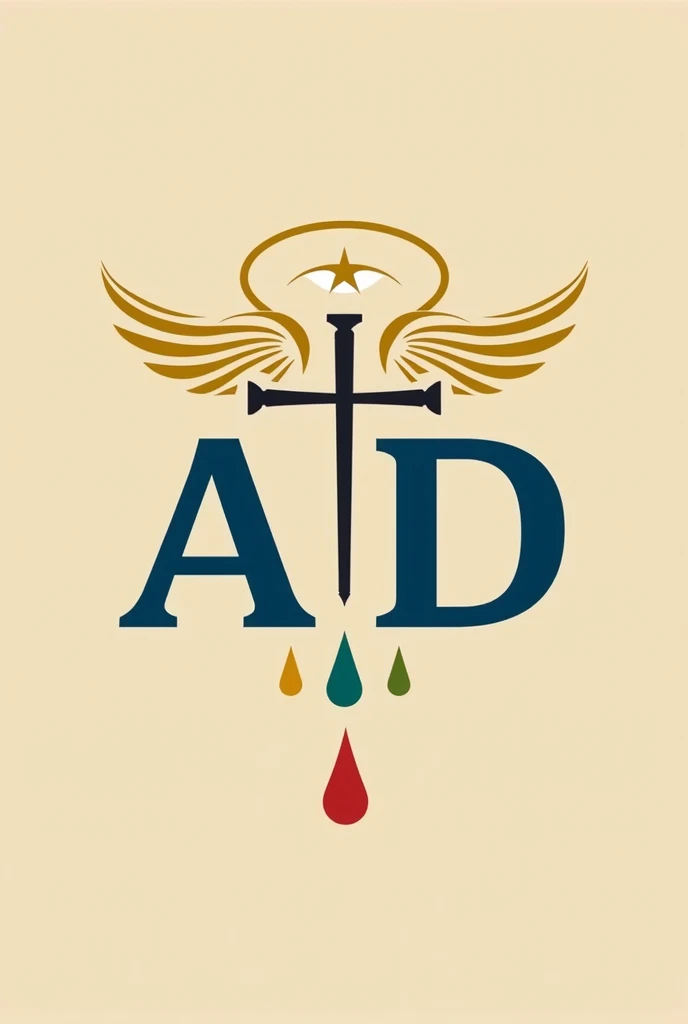I want a capital A and a D in italics that should stand out Blue color with a golden angel halo In the background a cross made up of two nails from which runs a drop of yellow, a red and a green color, only one drop of each color And at the foot of the cross there is an 8-pointed white star Keep in mind that it is for a logo of a youth community of a church and the background should be light brown