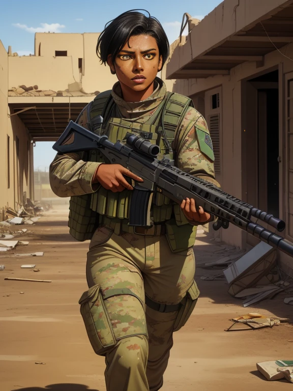 A breathtaking masterpiece that brings photorealism to life with exceptional attention to detail. (26 year old:1.3), (Mixed race Guatemalan-Navajo), (Short black hair:1.3), (Yellow colored eyes:1.4), (tanned bronze skin:1.4), (Wearing: USA marine corps uniform, camouflage military uniform, armor and gloves), fighting on the battlefield, strong muscles, face stained with mud and blood, sweaty skin, bloody skin, mud-stained skin, army girl, rifle, (aiming and holding rifle: 1.3), soldier girl, infantry girl, expression of determination, rigorous expression, shootout, (Background: Set during the 2003 invasion of Iraq, on the empty streets of an Iraqi village, warzone, ruined buildings, debris is the surroundings), highest quality, ultra-high resolution, absurdity, realistic, physically based rendering, cinematic lighting, complex and cinematic appearance, cinematic soft light, soothing tone, photorealistic, cowboy shot, dynamic angle
