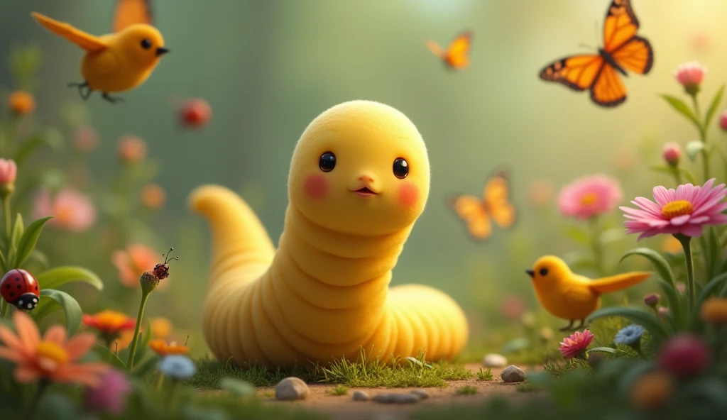 "A close-up of a plain yellow, small worm with simple features, surrounded by various garden creatures like birds, insects, and flowers that don't pay attention to him."