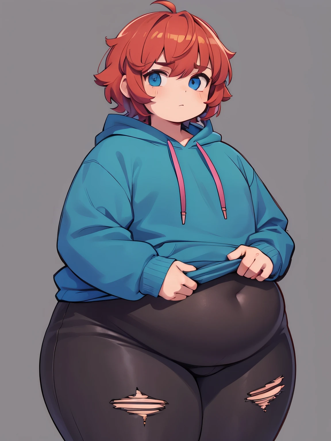 Leon is a 21 years-old male. He has a soft, feminine build with thick thighs and wide hips. He is chubby. He has blue eyes and copper hair. He often wears a loose hoodie and tight jeans. Male, man, femboy, thick thighs, wide hips, chubby, tall,