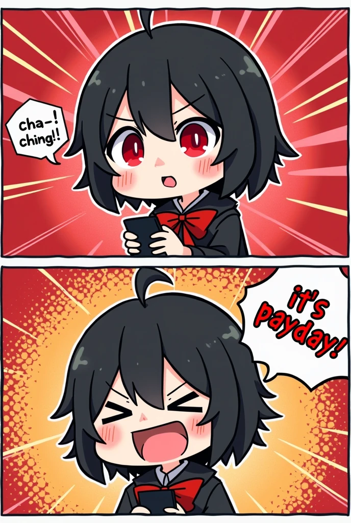 chiby style, 2 comic panels, dot halftone, flat color, comic style, main character is a black short hair vampire girl with red eyes rising her smartphone, panels one with main character smirk and the text "Cha-Ching" in sound effect, panel tow with main character laugh out loud and saying "IT IS PAYDAY!", text fontstyle comic, red dot background, cute