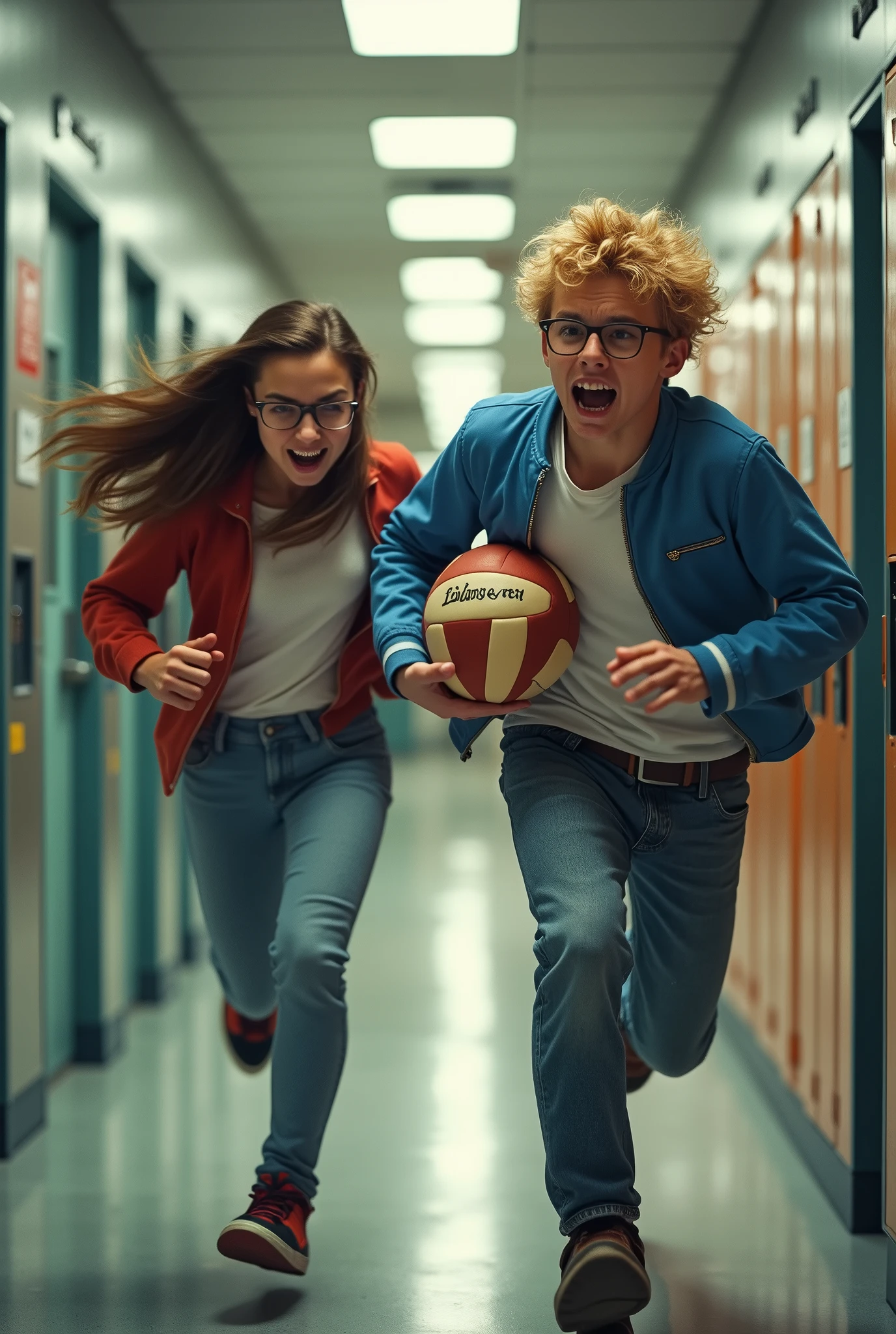 a school girl with long medium hair length with glasses and angry face on her face and chased a boy with blonde hair with 5'5 heights. a school boy with blonde hair and have glasses and 6'2 height and have a volleyball on his hands while running on the hallway a girl chasing him,
