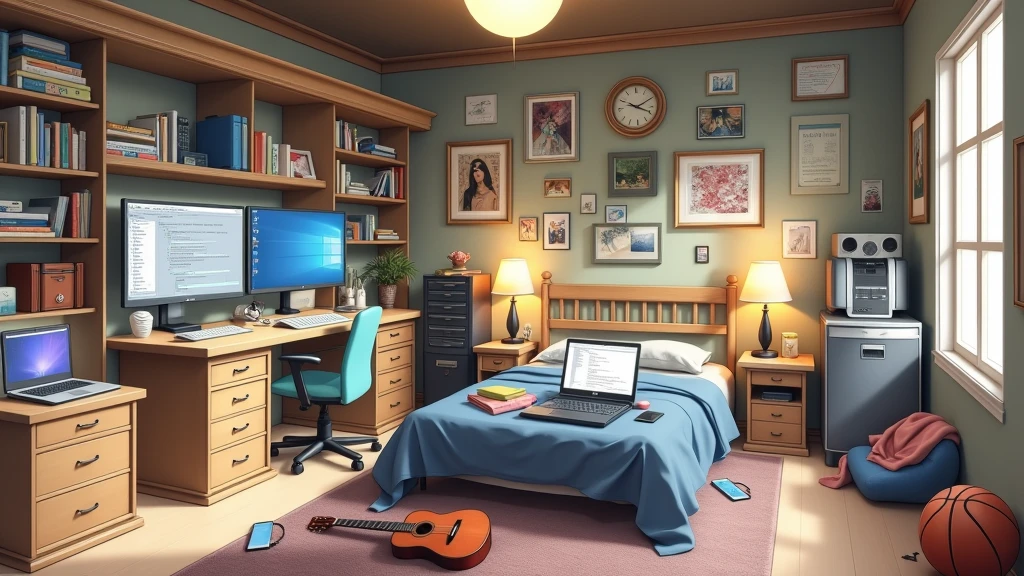 a very large bedroom, one desktop computer with two screens, 2 laptops, 1 phone (no-character:1.4), on the computers screens runs Linux and a development IDE, picture from far, large windows, night outside, one guitar, one basketball ball, clothes thrown on the bed and on floor, masterpiece, precision, ultra-realistic, anime art