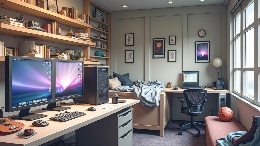 a very large bedroom, one desktop computer with two screens, 2 laptops, 1 phone (no-character:1.4), on the computers screens runs Linux and a development IDE, picture from far, large windows, night outside, one guitar, one basketball ball, clothes thrown on the bed and on floor, masterpiece, precision, ultra-realistic, anime art