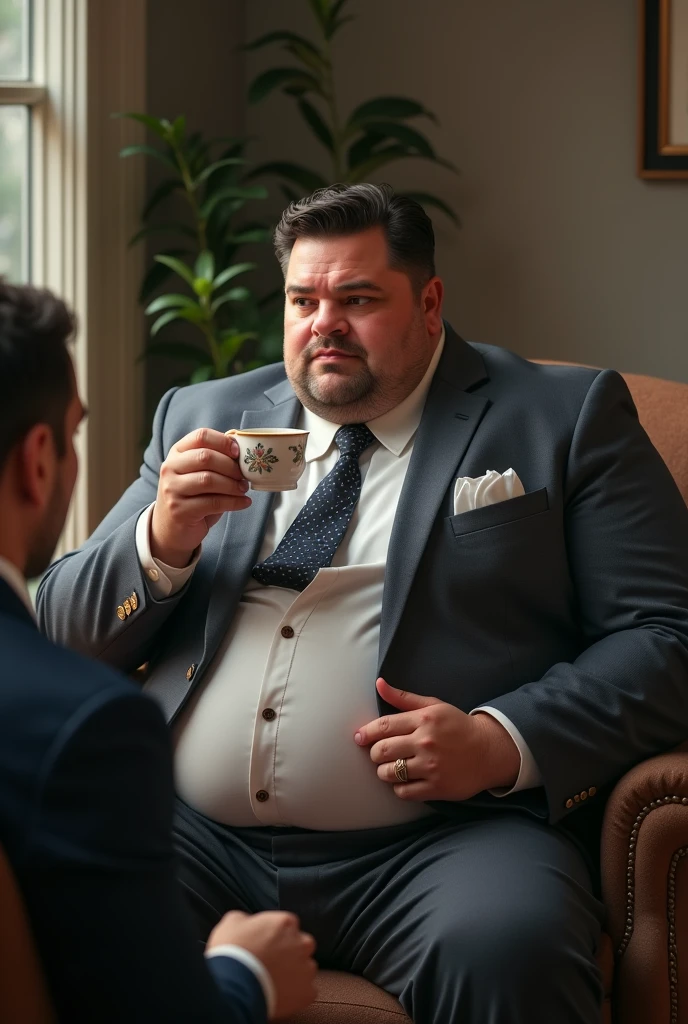 Bulky but not fat male accountant translator aesthetic drinking tea as he talks to a customer