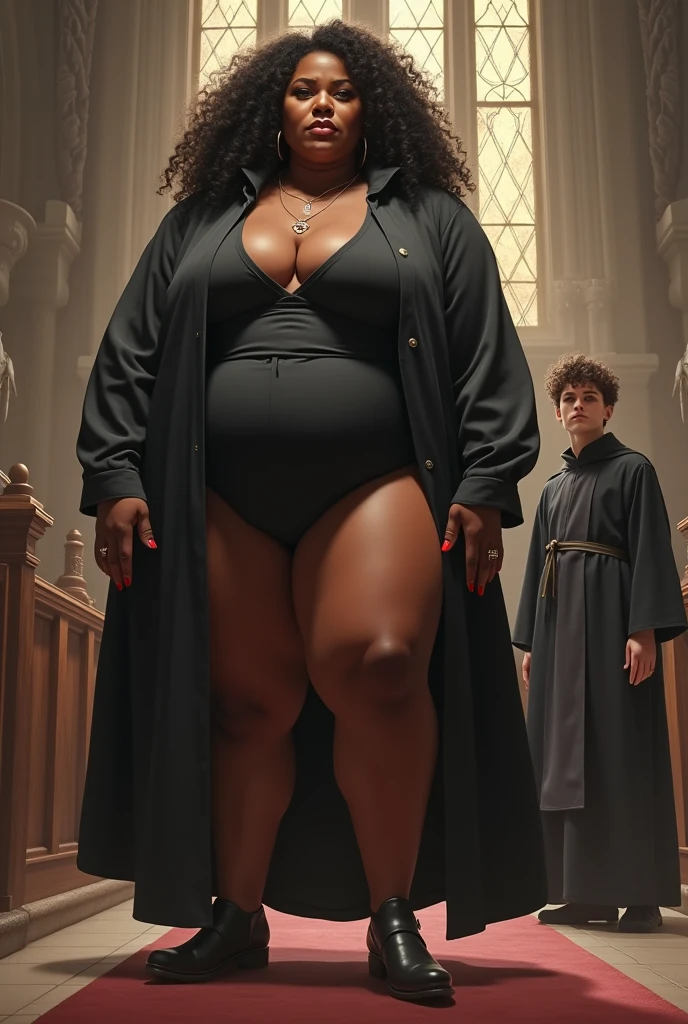 Beautiful black woman, gorda, Madura, standing. haughty and dominant. witheout panties. with thick, thick thighs, he is 20 year old white caucasian male, skinny in monk's robe, who is afraid in church
