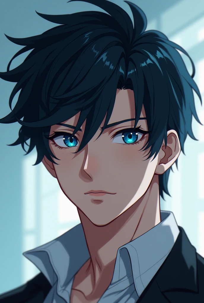 A handsome anime man with dark hair and ocean eyes