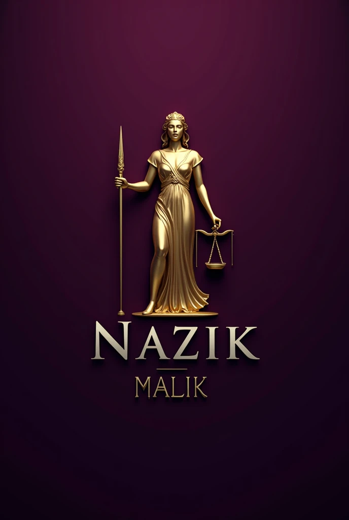 Golden Advocate logo with "NAZIR MALIK" written in sliver color below it, with deep purple background,(same but little bit bigger in size)