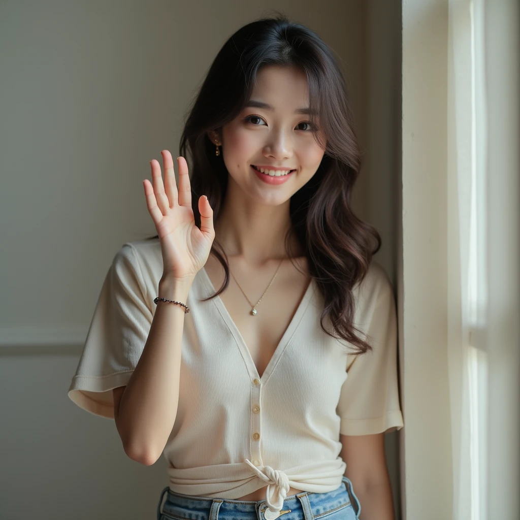 A beautiful woman, bent over, cocked ass, sexy pose, 22 years old, full body like, (slim figure), (long legs), smaller bust, smile, detailed eyes, double eyelids, pink earrings and necklace, long hair, white shirt top, pink hip skirt, OL, white collar