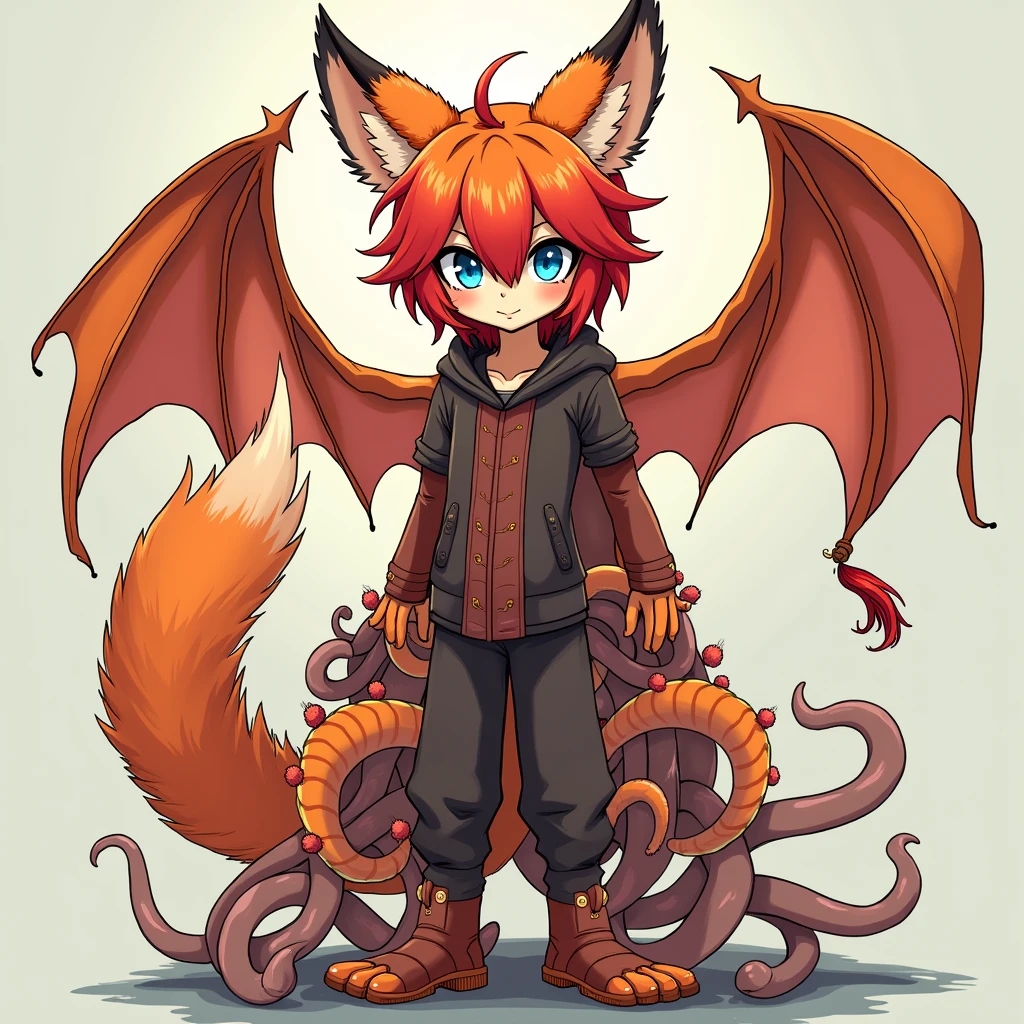 A slender and tall femboy with blue eyes with black squirrels and white pupils, red hair, orange fox ears on head, dragon wings on his back covered with orange fluff, a long dragon tail covered with orange fur with a red tassel at the end of the tail. Many tentacles. Tentacles crawl under clothes. In whore clothes. Anime style.