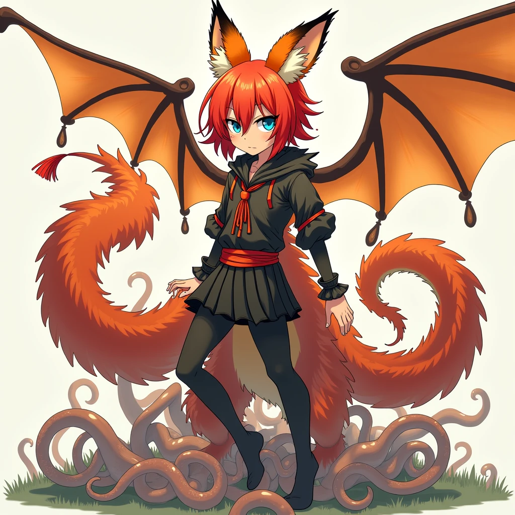 A slender and tall femboy with blue eyes with black squirrels and white pupils, red hair, orange fox ears on head, dragon wings on his back covered with orange fluff, a long dragon tail covered with orange fur with a red tassel at the end of the tail. Many tentacles. Tentacles crawl under clothes. In whore clothes. Anime style.
