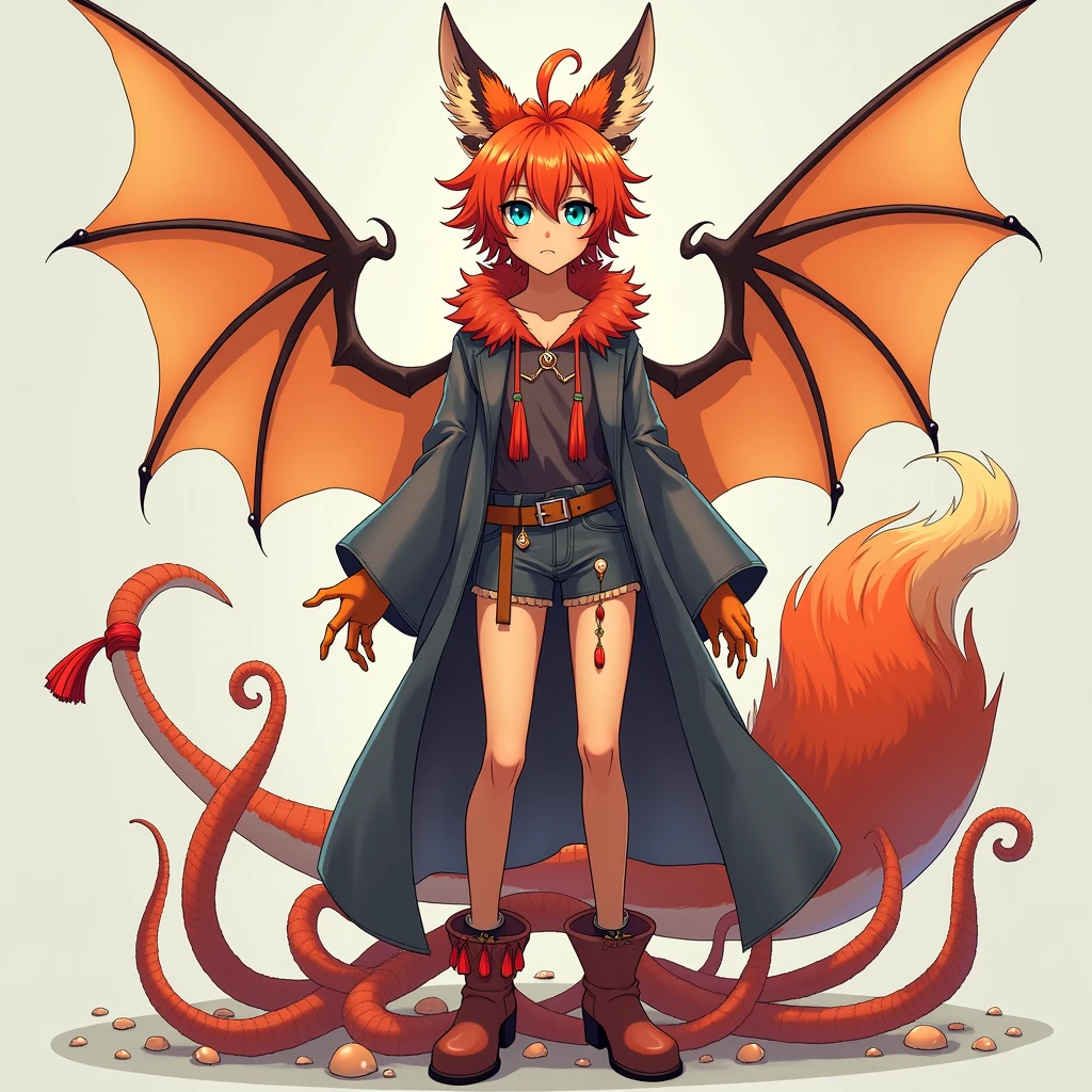A slender and tall femboy with blue eyes with black squirrels and white pupils, red hair, orange fox ears on head, dragon wings on his back covered with orange fluff, a long dragon tail covered with orange fur with a red tassel at the end of the tail. Many tentacles. Tentacles crawl under clothes. In whore clothes. Anime style.