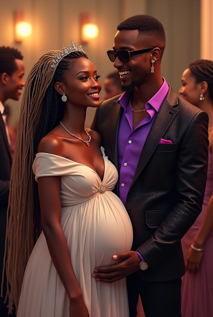 BEAUTIFUL LIGHT SKINNED WOMAN FROM RWANDA AFRICA. SHE IS IN EARLY STAGE OF PREGNANCY. SHE IS WEARING A LONG WHITE DRESS. SHE HAS LONG BRAIDED HAIR COVERED WITH GOLDEN GLITTERING VEIL AND BLACK TIARA WITH DIAMONDS ON HER HEAD. SHE IS WITH HER HUSBAND OUT ON A DATE AT A PARTY WITH FRIENDS. HE IS WEARING BLACK SHADES AND HE HAS CORN ROWS HAIR STYLE. HE IS WEARING A PURPLE SHINNING SHIRT AND A BLACK SHINNING SUIT. HE HAS A GLITTERING PIN ON ONE OF HIS EARS. HE IS LAUGHING LOUD WITH HIS PREGNANT WIFE