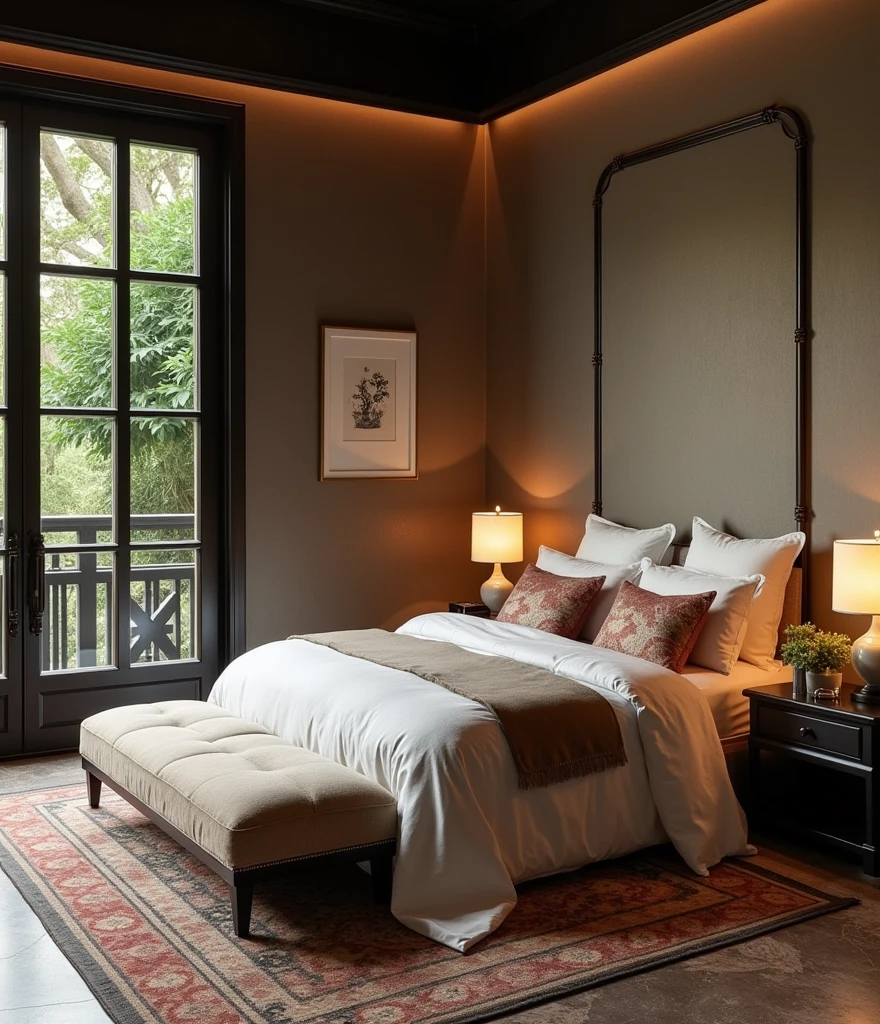 Indochine bedroom interior design, bedroom with bed, lamp, carpet, pillow, couch, encaustic tiles, black wood furniture, picture frame, daytime, 8k uh, DSLR, soft light, high quality, film grain, Fujifilm XT3