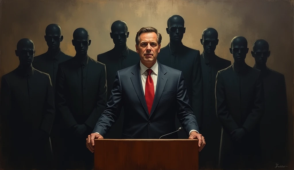 oil painting, politician at lectern, Dark shadow figures surround him