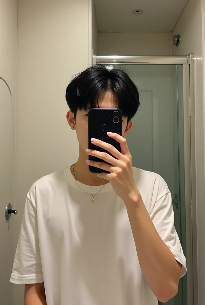 One person、Short black hair、Korean idol-style handsome guy、、Small bathroom、selfie with mirror、Shooting with a smartphone in one hand、Cover your mouth and nose with your smartphone、Black iPhone