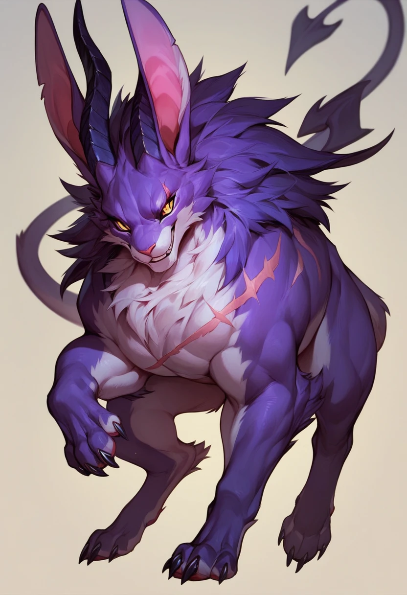 Feral Demon  Rabbit , Purple body , yellow pupils ,Smile  , claws  ,Huge body ,scar on body 