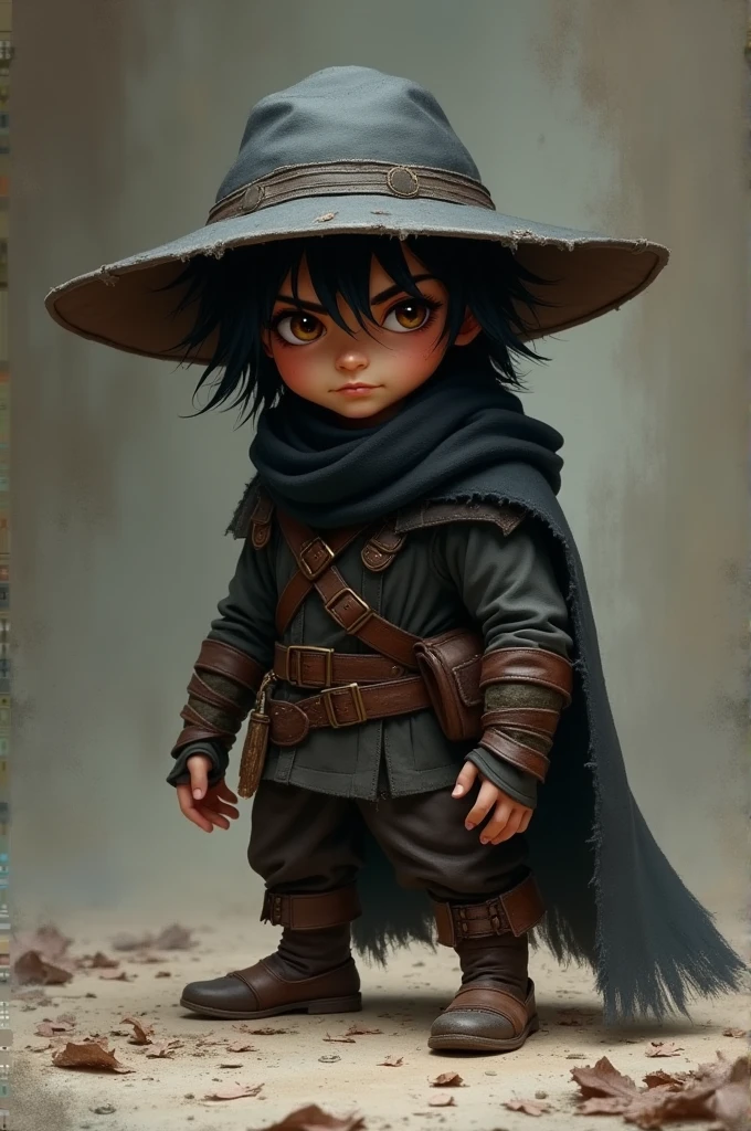  Rolo is a halfling about 3 feet tall., with messy black hair and shrewd brown eyes that always seem to assess the situation around him. He wears tight, dark clothes, ideal for camouflaging yourself in the shadows, and a wide-brimmed hat that hides part of his face.