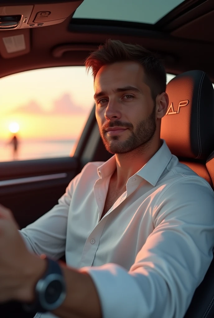 Hyperrealistic selfie, (André, 1Man, 36-40 years old:1.3), (realistic, photorealistic:1.37), (brown short straight hair:0.6), (magnificent pair of brown eyes:0.6), intricate details, perfect muscular body structure, sun-kissed fair skin. Modern sophisticated white linen long-sleeve shirt, elegant modern watch. 3/4 angle (45 degrees) camera view. Calm expression radiating deep gratitude. Left hand holding smartphone for selfie, side pose.

Focus on André through selfie, (luxurious sports car interior:1.2), (panoramic sunroof:0.8), (custom leather sport seat with "ALP" embroidery on headrest:1.1), (passenger side door panel:0.9). Natural lighting with (magnificent pink-orange sunset:1.2). External environment: (paradisiacal beach with gentle waves:1.0), (two beautiful women walking on the beach in the background:0.7).

(Porsche Panamera S Turbo E-Hybrid interior:1.1), automotive photography, high-end car selfie, luxury lifestyle, beach sunset ambiance, (golden hour lighting:1.1), ultra-detailed textures, 8k resolution, professional photography, magazine cover quality.

Style: Cinematic, dramatic lighting, vibrant colors, sharp focus on subject, bokeh background