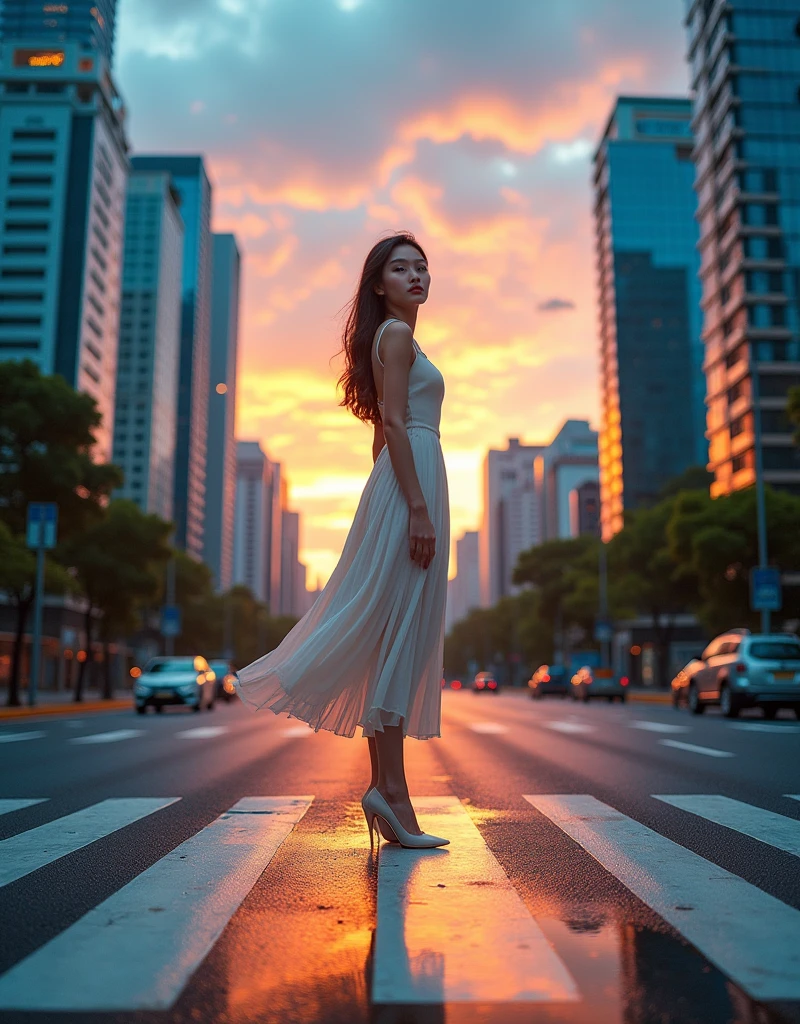 A low-angle, close up portrait of a Korean woman wearing a dress, she is standing and gracefully posing on a zebra cross, wet road, and puddle. The background contains high-detail buildings and skyscrapers. Crowd city. The sky is decorated with clouds and a sunset. The photo has HDR processing and an ISO of 100. Detail background, 4k quality, f/16, sharp background 