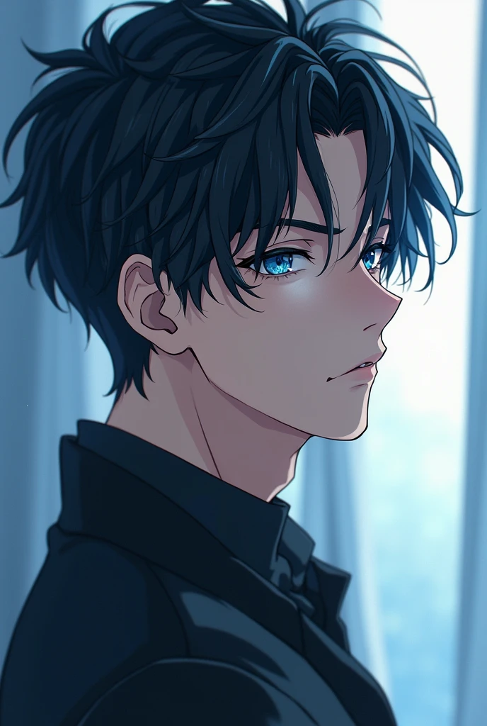 A handsome anime man with dark hair and ocean eyes