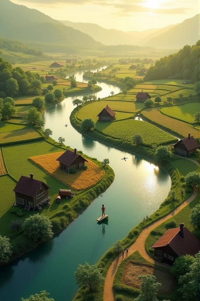a river from helicopter view , some tiny people and their houses , living happily , farming