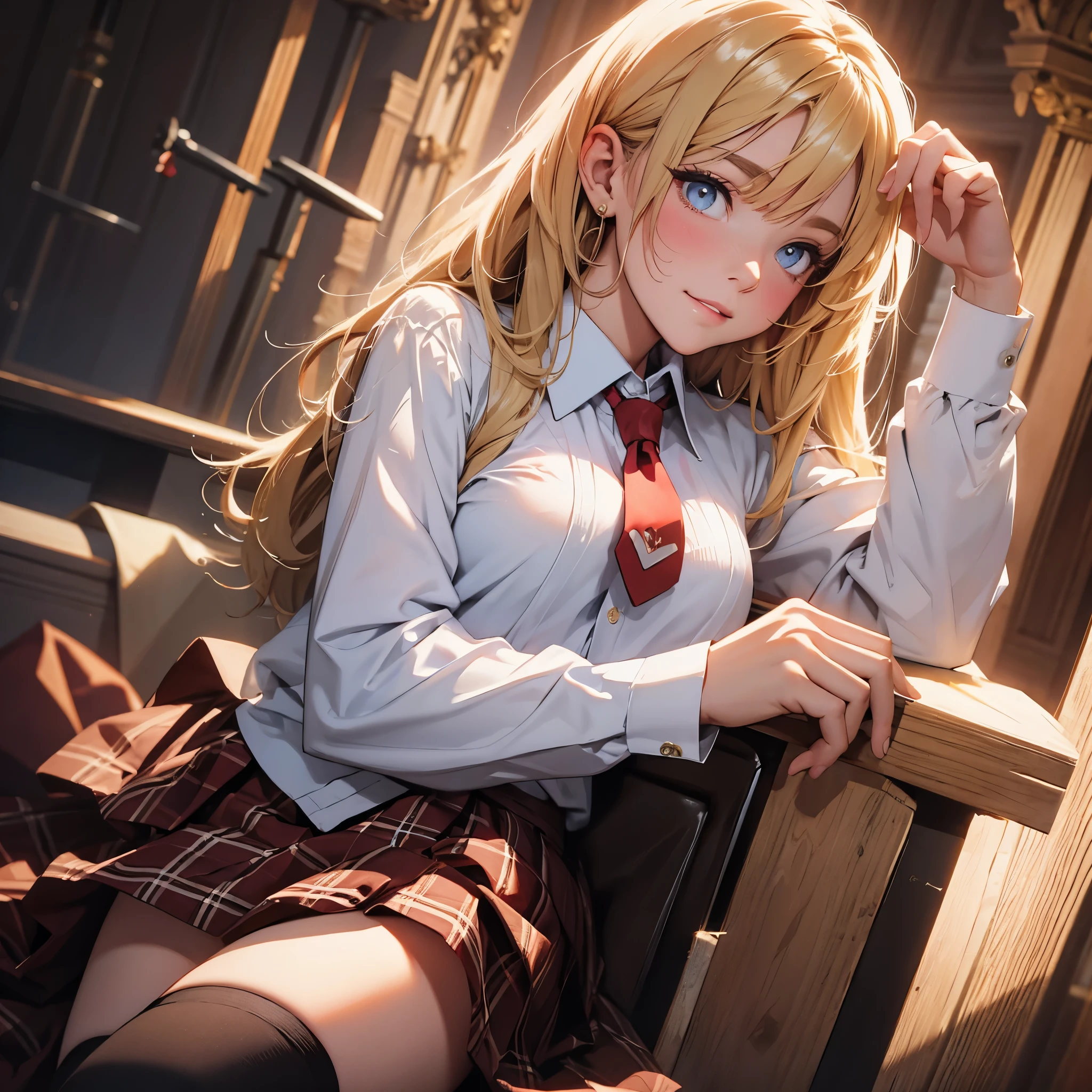 (masterpiece), 8k cg, stunningly beautiful girl, intricate details, chromatic aberration, ((bust shot)), ((looking at viewer)), 1girl, (amelia_detective, golden blonde hair, collared shirt, red necktie, plaid skirt, thighhighs), extremely beautiful and delicate portrait, smile, blush, makeup, absurdres, cinematic lighting, dynamic lighting, fantasy, ((dark background, fog))
