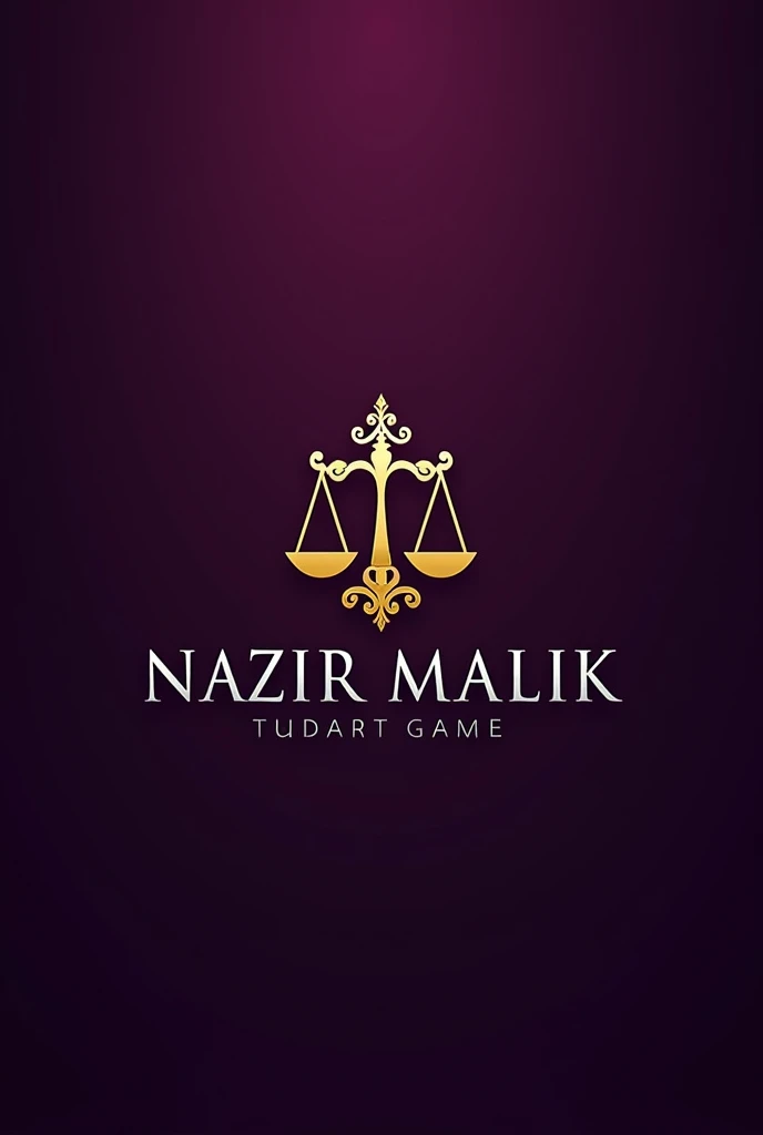 Golden Advocate logo with "NAZIR MALIK" written in sliver color below it, with deep purple background