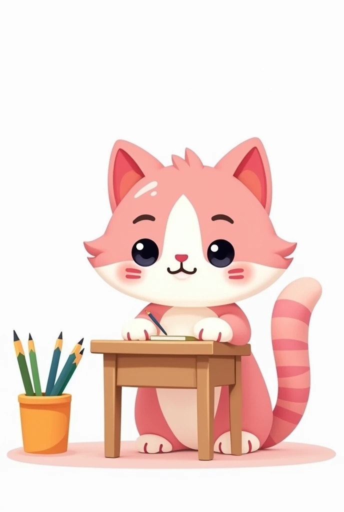 Pink and white cutout cartoon kitten studying in preschool with white background
