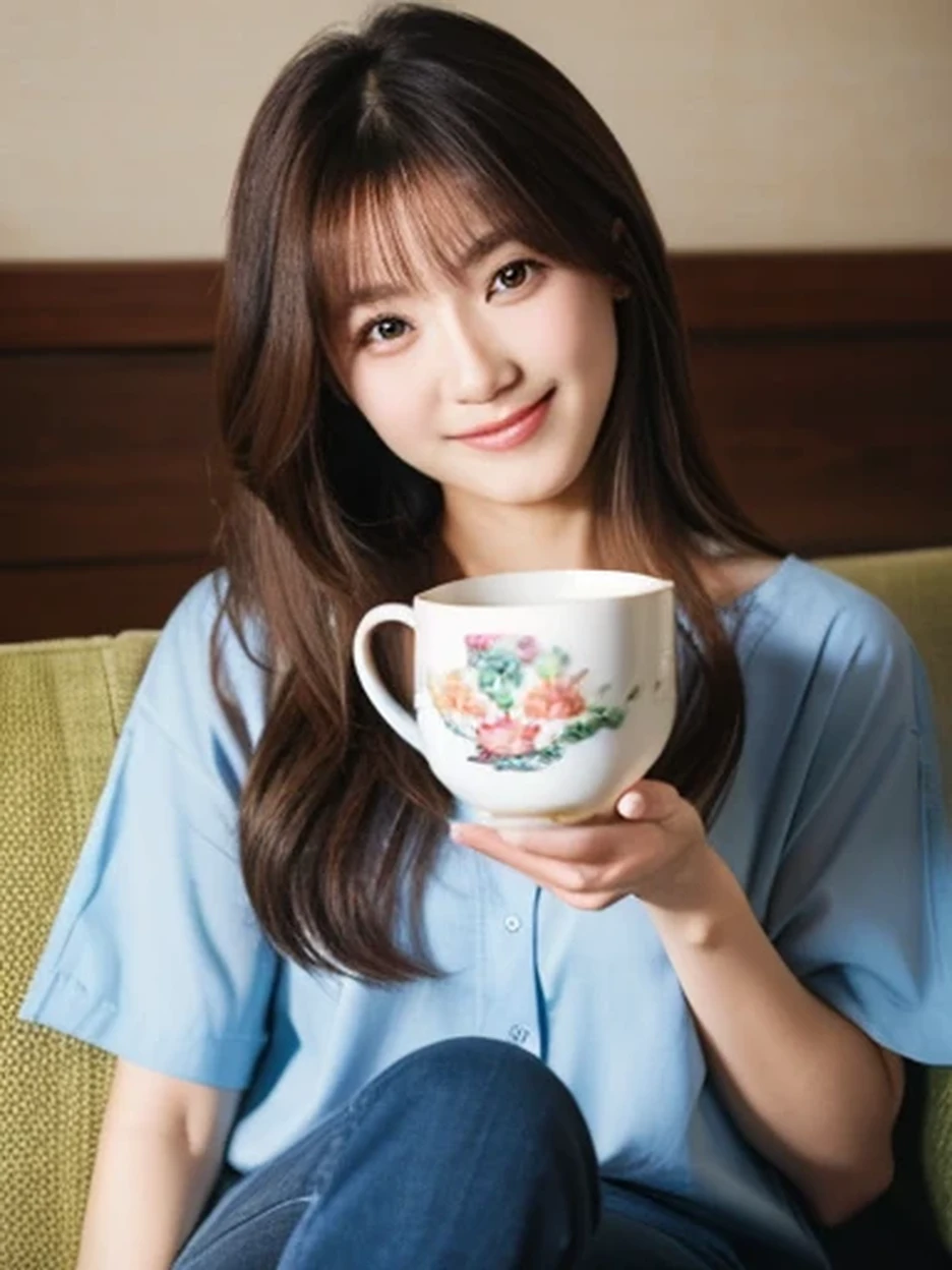 (Highest quality:1.3) Like a photograph Japanese woman in her late 20s Sitting on a sofa holding a mug Brown long hair smile