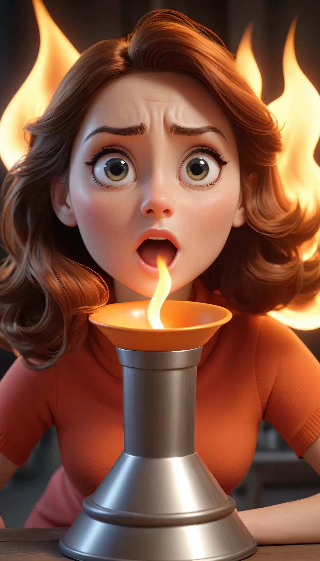 the fit and mature girl watching high flame in a funnel. Close up. High quality Pixar hyper realistic image. 4k
