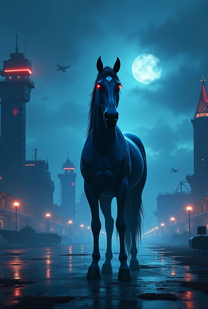 There should be a scary airport where there are many ships, inside that land an alien base and illuminati group can be seen, outside there is a blue horse whose eyes are glowing red. 
create dangerous eye catching image for youtube thimbnail without title