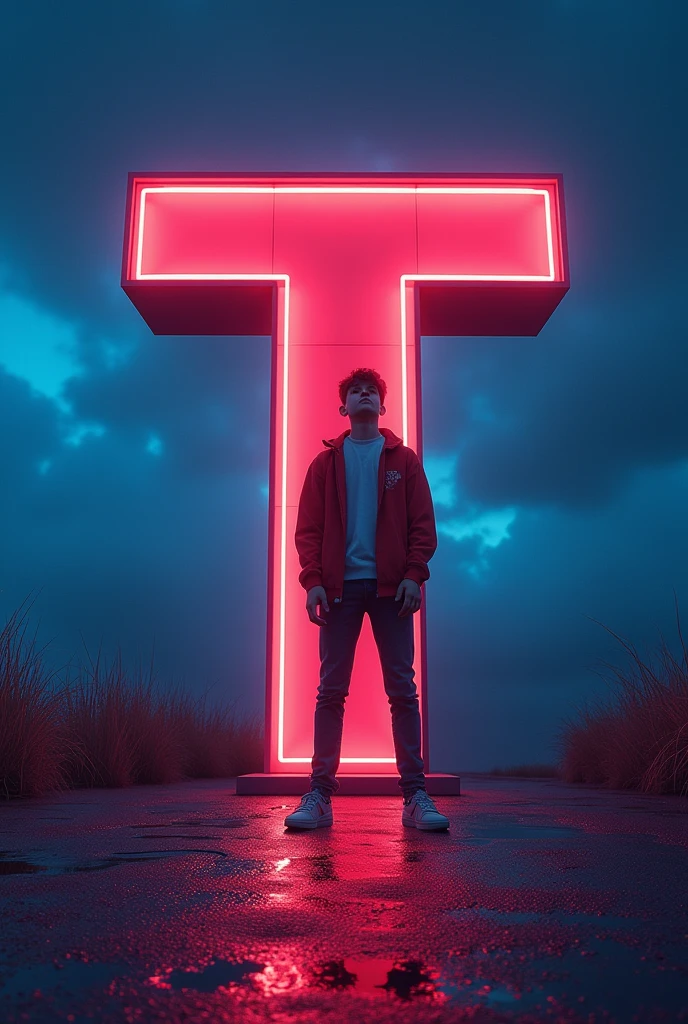 T letter in 3D
and young boy stail look stand the letter ,in dark night and neon lights