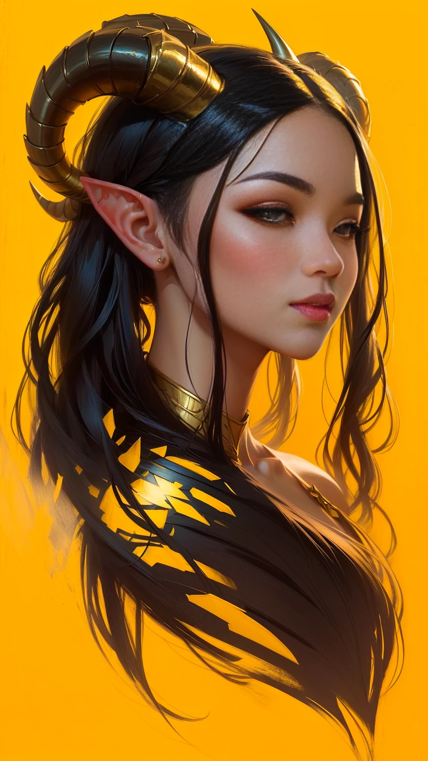 a drawing of a woman with horns and a yellow background, Ross Draws 1. 0, Ross Draws 2. 0, rossdraws | afrofuturism, beautiful character painting, retrato de rossdraws, :: rossdraws, Ross Draws 2. 5, inspirado em Rossdraws, portrait of an elf queen, vibrant rossdraws cartoon, artgerm e rossdraws