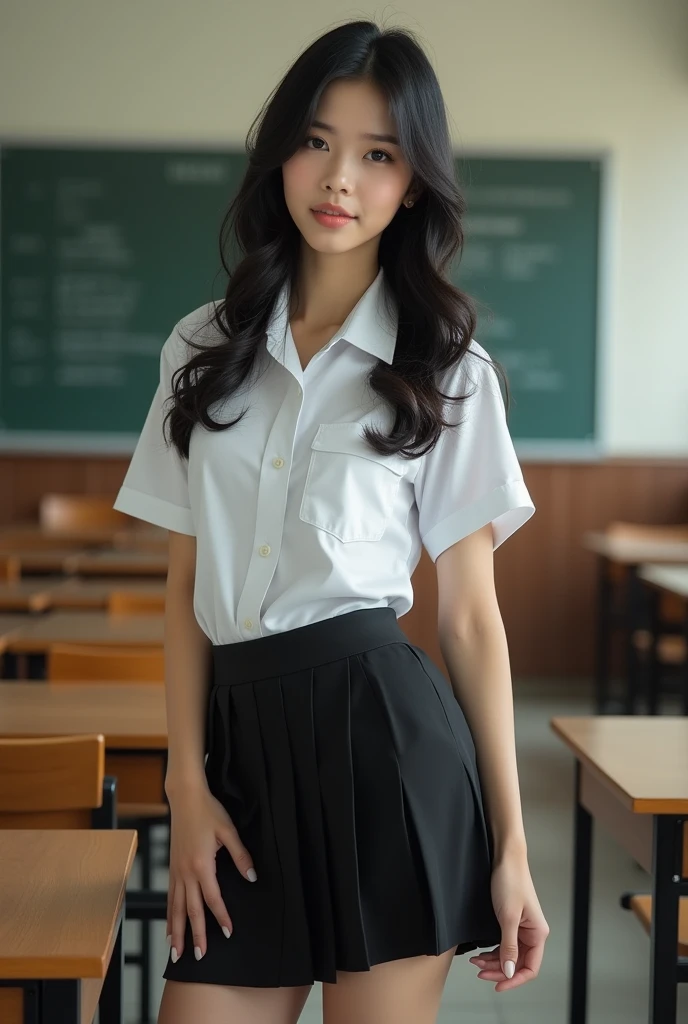 Beautiful Thai model woman with smooth skin, detailed beautiful eyes and face, black hair, (beautiful bra, C shape), wearing a Thai student uniform, a white short-sleeved shirt, a black short skirt, a slim fit, standing and posing in a classroom. The background is a classroom, student desks and chairs. The most realistic picture