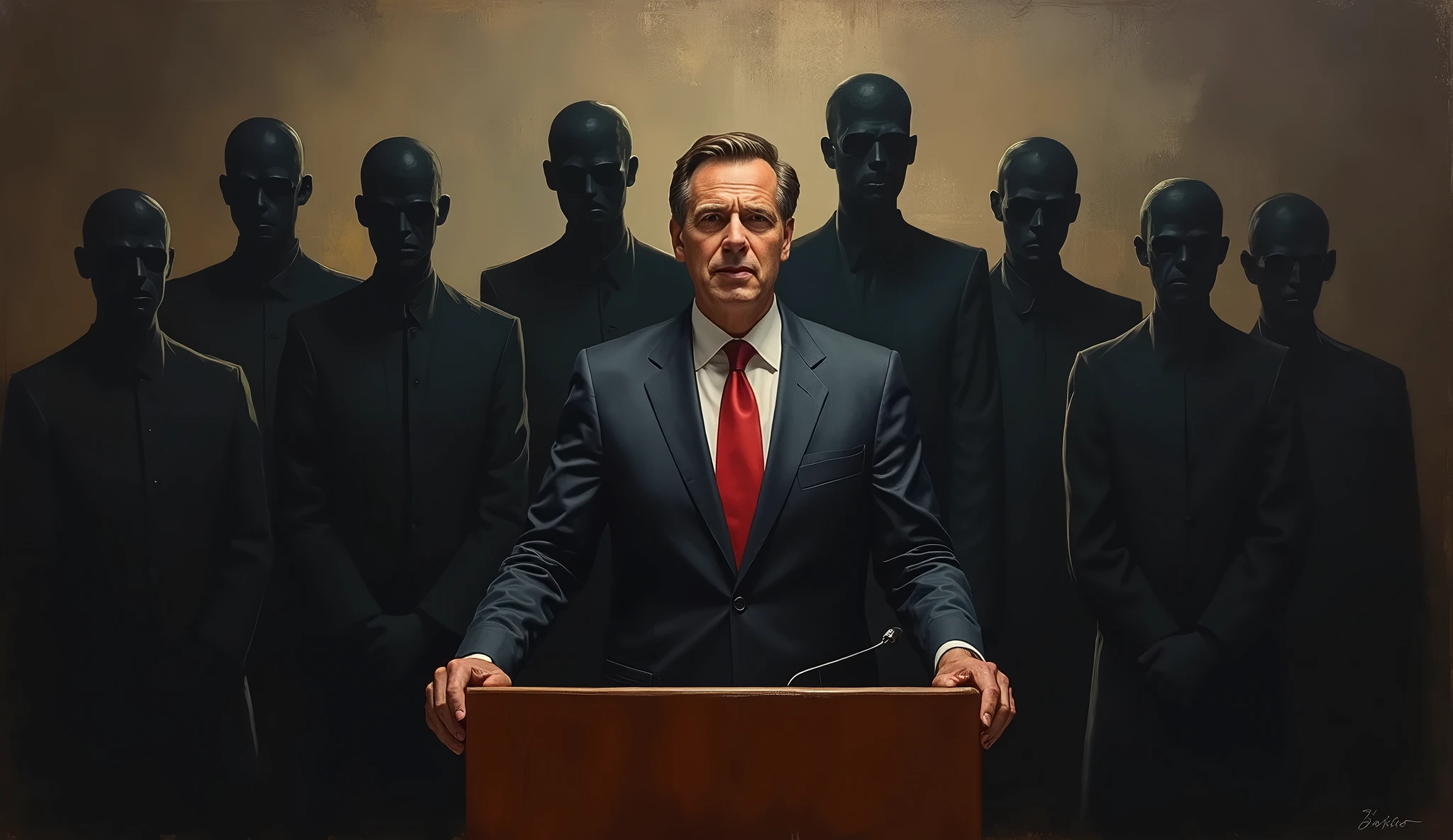 oil painting, politician at lectern, Dark shadow figures surround him