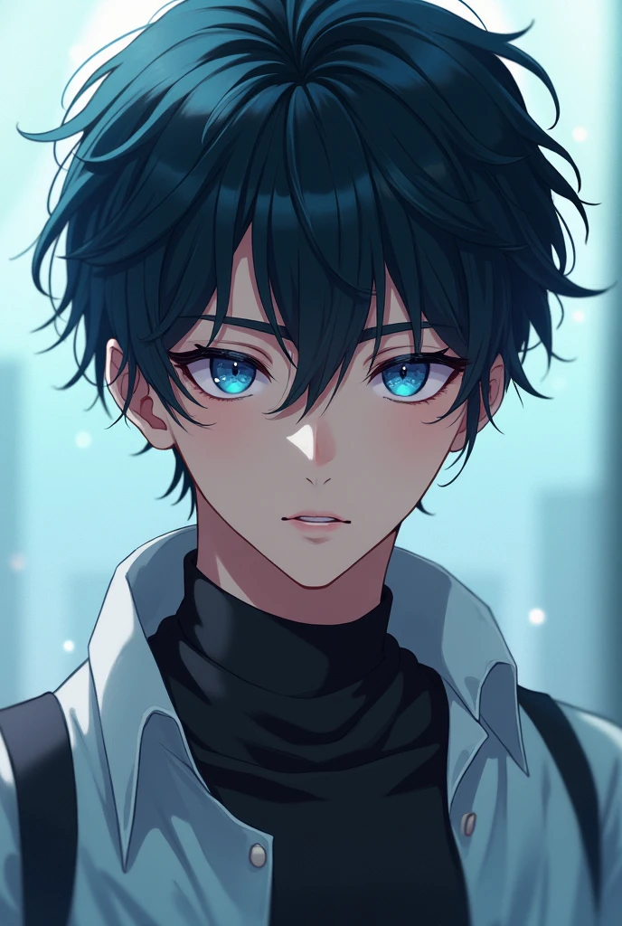 A handsome anime man with dark hair and ocean eyes