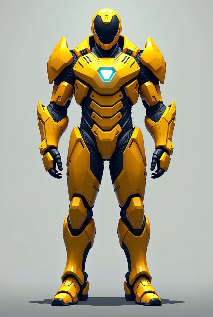 Centurion Steel's Mark 3 is a yellow armor with black accents., inspired by Iron Man's armor. It has an aerodynamic helmet with a black visor, angular breastplate with a central black symbol and arm and leg guards with overlapping plates. The shoulder pads are wide and in "in", and the boots have black details. Small blue energy panels are integrated into the chest and shoulders, giving a subtle technological glow. Make the full body image