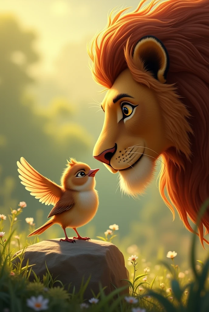 The sparrow smiling warmly at the lion, spreading its wings as it offers friendship, with a gentle and kind expression.