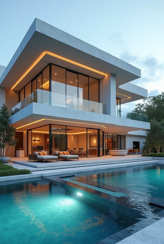 I want you to create a house for me that has nine bedrooms, 10 bathrooms, a giant living room, an island kitchen that has a huge patio that has three floors of beautiful stairs, that one of the bathrooms is located after the kitchen that includes a pool in the backyard,but the house stays in the city and is more futuristic.
