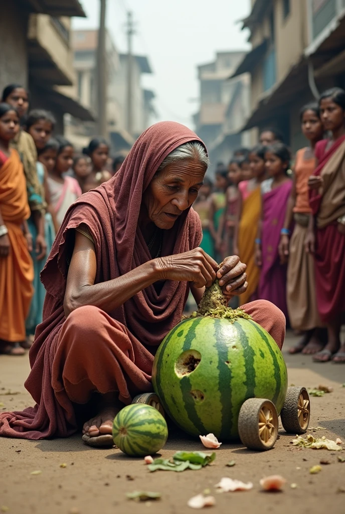 Old Indian woman peeling raw jackfruit . Make women simple 