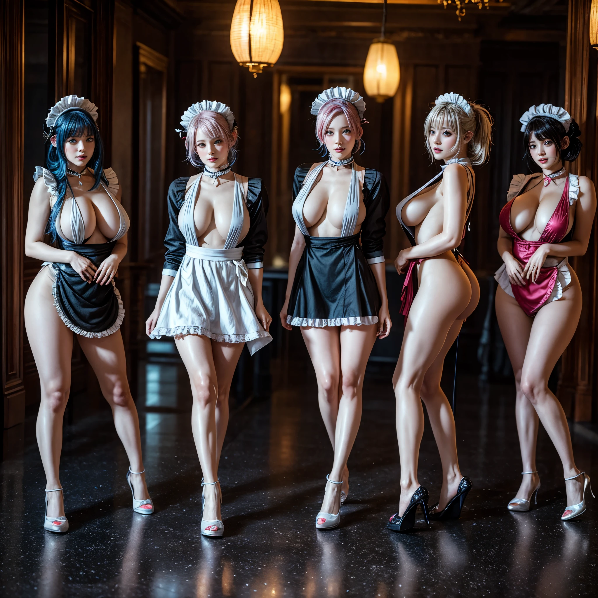 (Full Body of Extremely Detailed((Sexy Maid Group in a row:1.37))), KAWAII perfect face, Reflective Eyes, Detailed(Delicate Clothing textures), Correct Leg Line, Dynamic Joyful Expressions LifeLike Rendering, Specular Reflection, TopQuality 8K Ultra-detailed masterpiece (ProfessionalPhoto:1.37), (Acutance:0.8), (Luminism:1.28), (Renaissance art style), Colorful Light particles, ((Full body from side)), {Kissing|Thigh Gap|AssFocus|(NakedApron with Overflowing SideBoob)}, Radiant Fine Skin with Transparency, (Exposed:0.4), (Different types of Anime hair color){Pink Hair|Blue Hair|Platinum Blonde|Pure White Hair|Liquid Hair}, Perfect Lighting